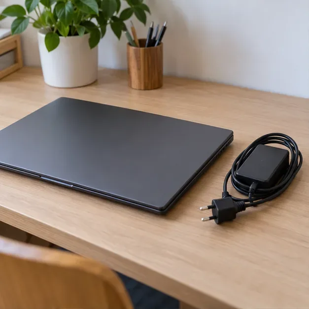Ordinateur portable fermé et débranché, avec son chargeur posé à côté sur un bureau