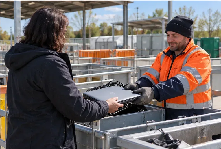 Une personne remet un ordinateur portable à un agent dans une zone de collecte de déchets électriques et électroniques.