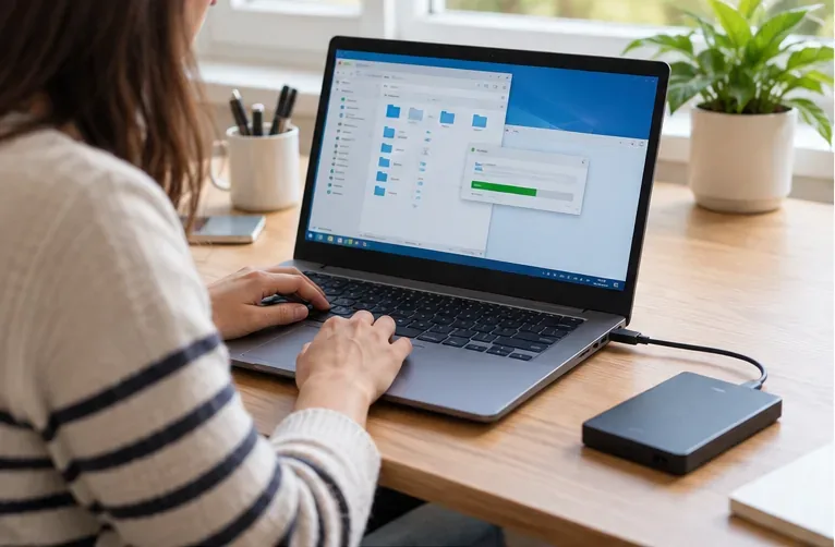 Une personne sauvegarde les fichiers d’un ordinateur portable vers un disque externe posé sur un bureau en bois.