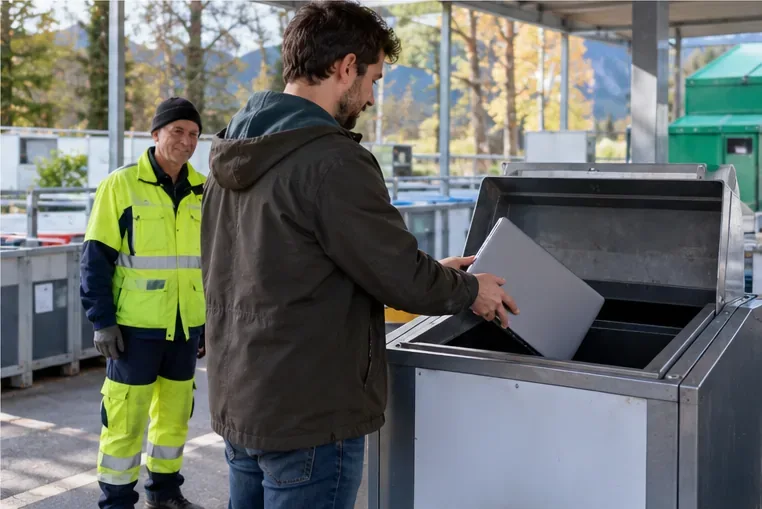 Un habitant dépose un ordinateur portable dans un conteneur réservé aux petits appareils électroniques, sous le regard d’un agent