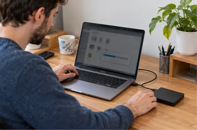 Un homme sauvegarde les fichiers d’un ordinateur portable vers un disque externe posé sur son bureau