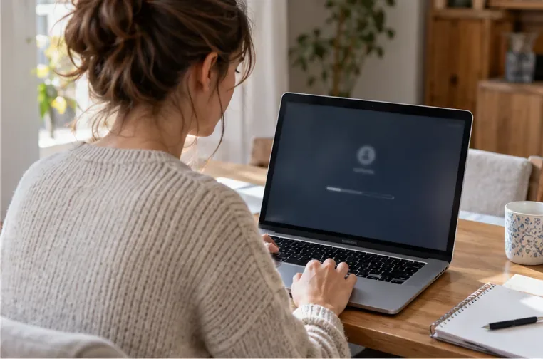 Une femme lance la réinitialisation d’un ordinateur portable dont l’écran affiche une fenêtre floutée