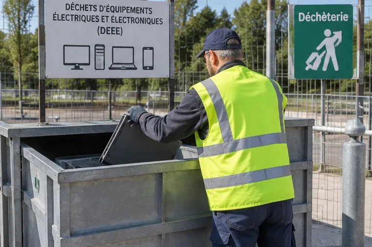 Un ordinateur portable déposé dans une zone dédiée aux déchets d’équipements électriques et électroniques d’une déchèterie
