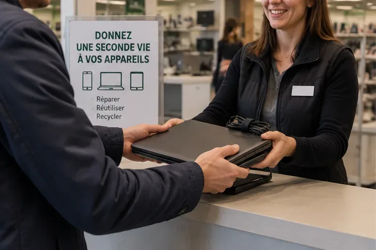 Un ancien ordinateur portable remis à un comptoir de reprise pour réemploi ou recyclage