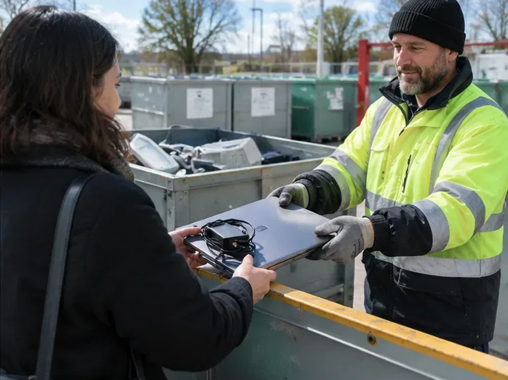 Une personne remet un ordinateur portable fermé avec son chargeur à un agent d’un site de collecte de déchets électriques.