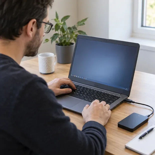 Une personne sauvegarde les données d’un ordinateur portable sur un disque externe posé sur un bureau