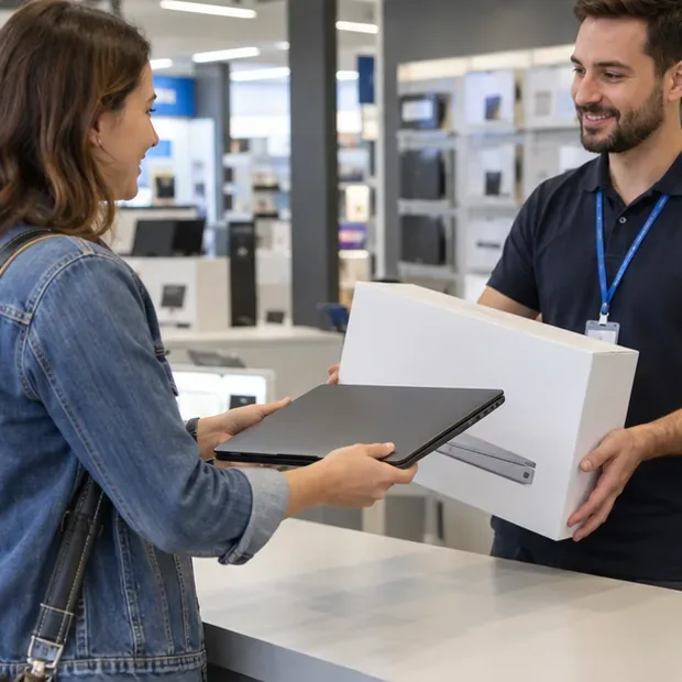 Une cliente remet un ancien ordinateur portable à un employé dans un magasin d’électronique lors de l’achat d’un nouvel appareil