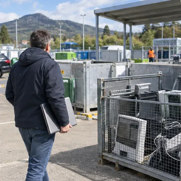 Un homme apporte un ordinateur portable dans une déchetterie équipée de conteneurs pour appareils électriques