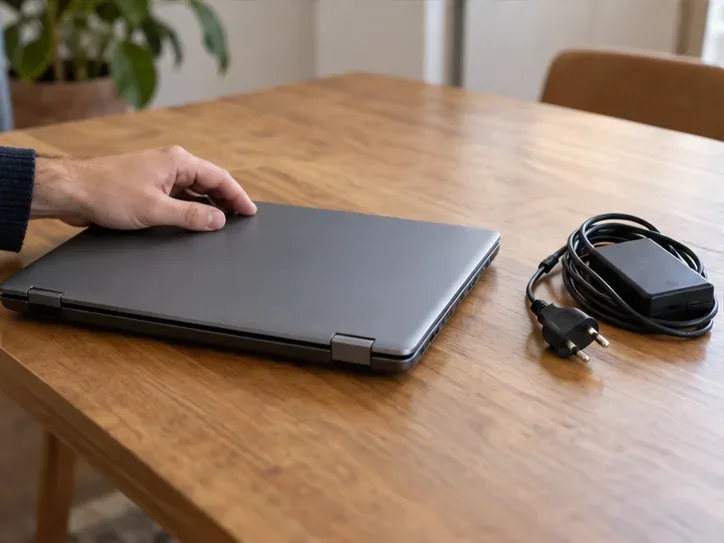 Un ordinateur portable fermé et débranché repose sur une table à côté de son chargeur séparé