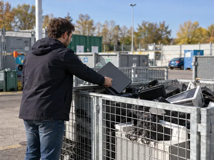 Une personne dépose un ordinateur portable dans une zone de collecte de déchets électroniques d’une déchèterie