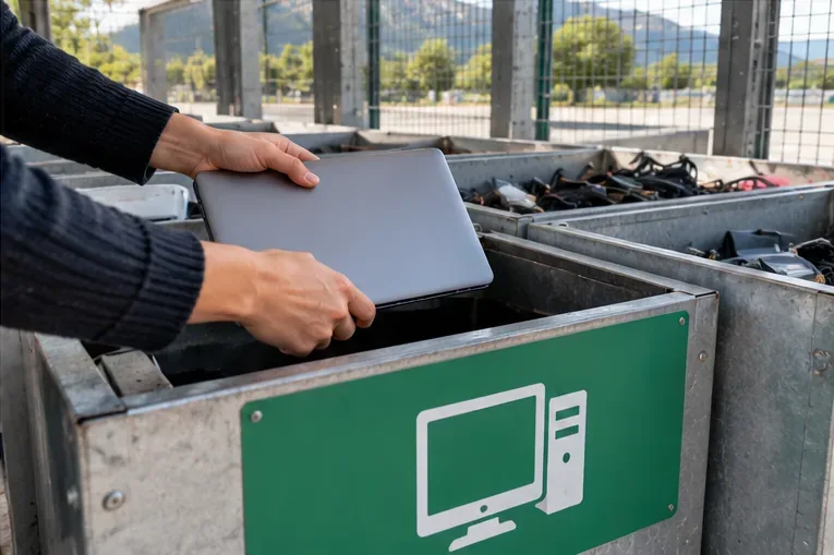 Un ordinateur portable est déposé dans un bac dédié aux équipements électriques et électroniques en déchèterie