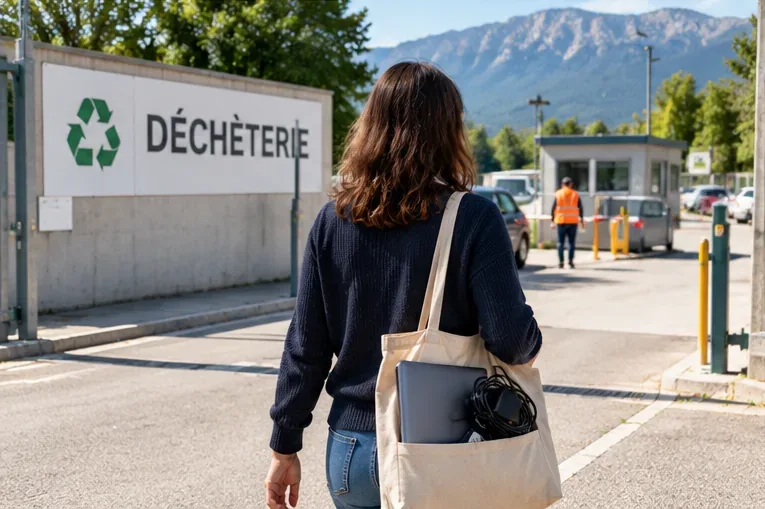 Une personne arrive à pied dans une déchèterie avec un ordinateur portable et son chargeur dans un sac