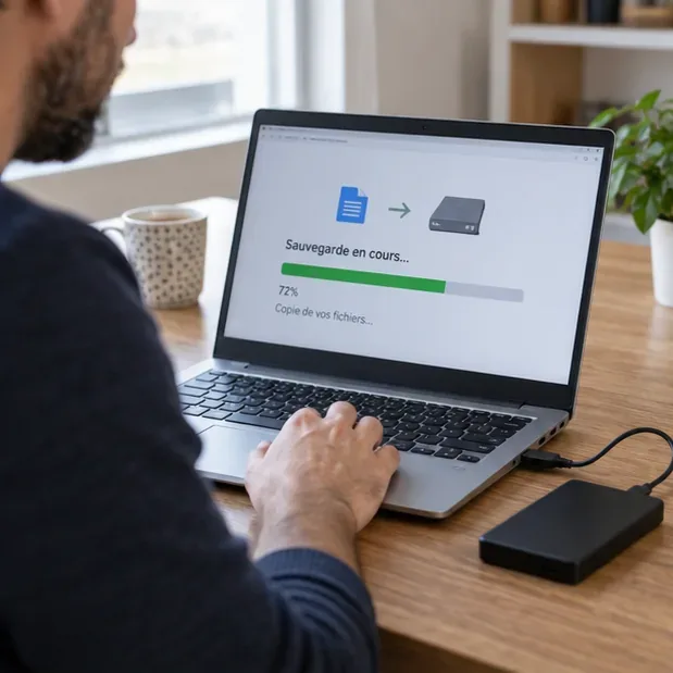 Une personne sauvegarde les fichiers de son ordinateur portable vers un disque externe posé à côté de la machine.