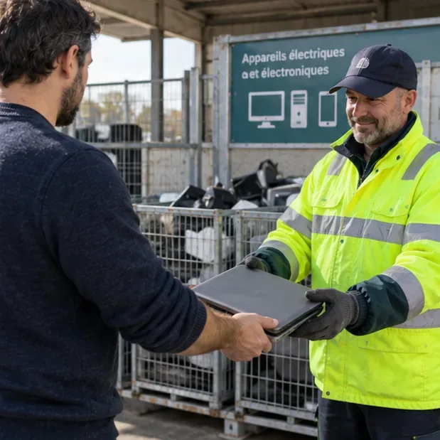 Un usager remet directement un ordinateur portable fermé à un agent de collecte devant la zone réservée aux appareils électriques et électroniques.