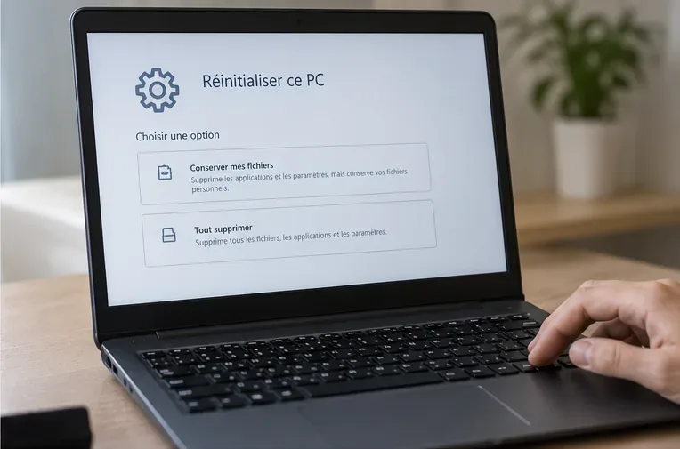 Écran d’un ordinateur portable affichant une étape de réinitialisation avec une option de suppression complète des fichiers