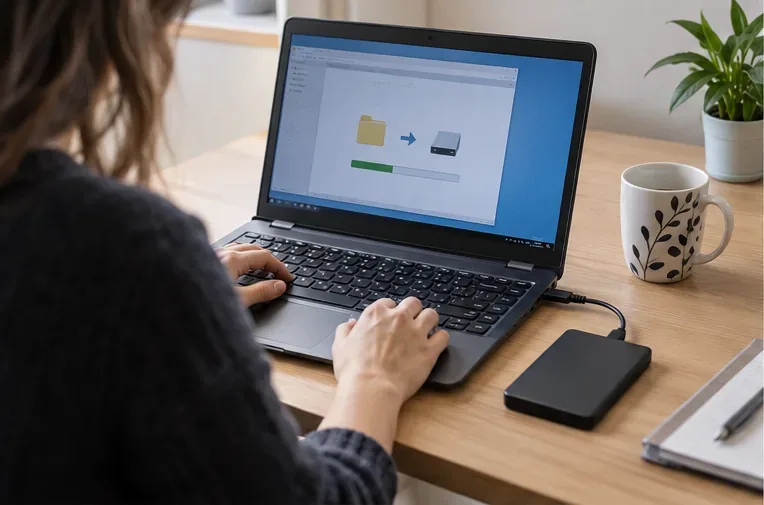 Une personne sauvegarde les fichiers d’un ordinateur portable vers un disque externe posé sur un bureau