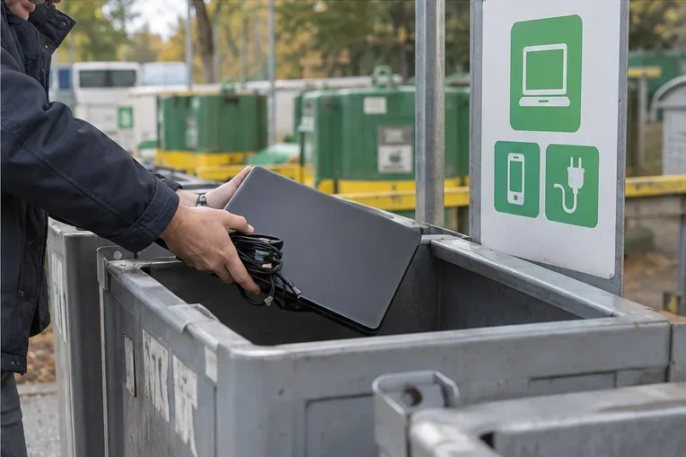 Une personne dépose un ordinateur portable avec son câble dans un conteneur destiné aux équipements électriques