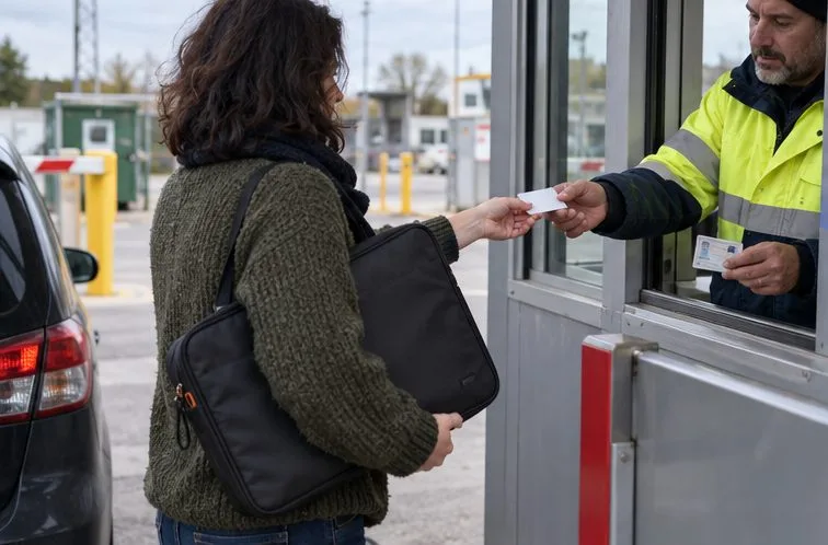 Une habitante présente une carte d’accès et une pièce d’identité à l’entrée d’un centre de recyclage municipal générique.
