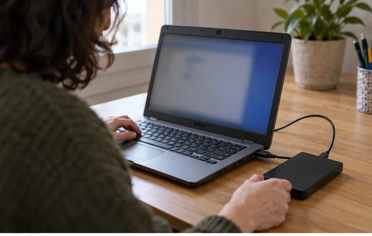 Une personne copie ses fichiers depuis un ordinateur portable vers un disque externe ; l’écran reste flou et sans interface lisible.