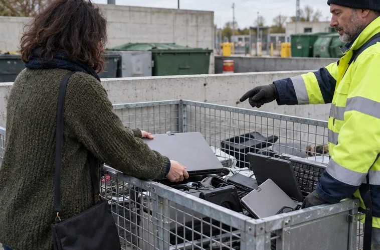 Un agent oriente une personne qui dépose un ordinateur portable entier dans une benne de collecte d’équipements électroniques.