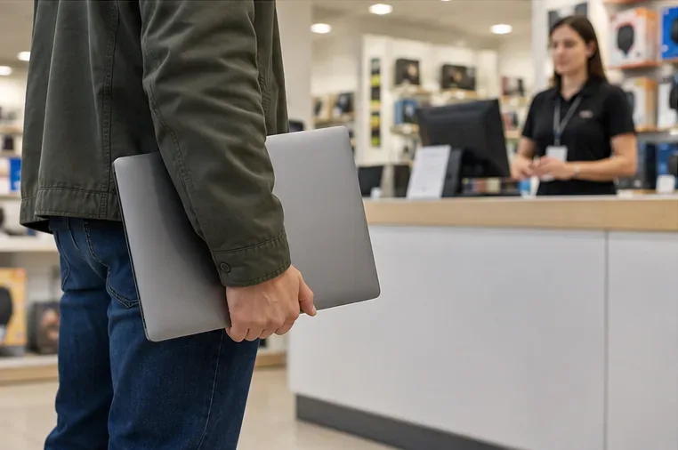 Personne apportant un ordinateur portable à un comptoir de magasin pour une reprise ou une collecte DEEE