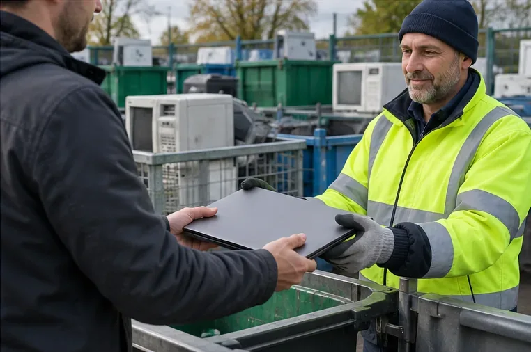 Usager remettant un ordinateur portable à un agent dans une zone de collecte d’équipements électriques usagés
