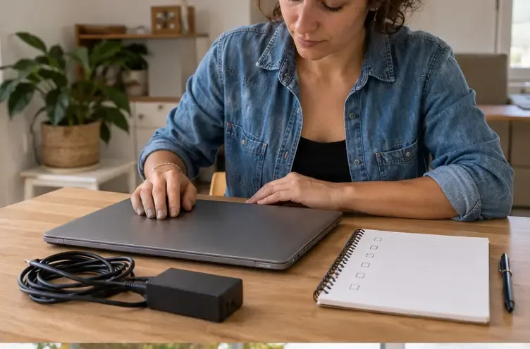 Une personne ferme un ordinateur portable avec son chargeur et une checklist sans texte lisible