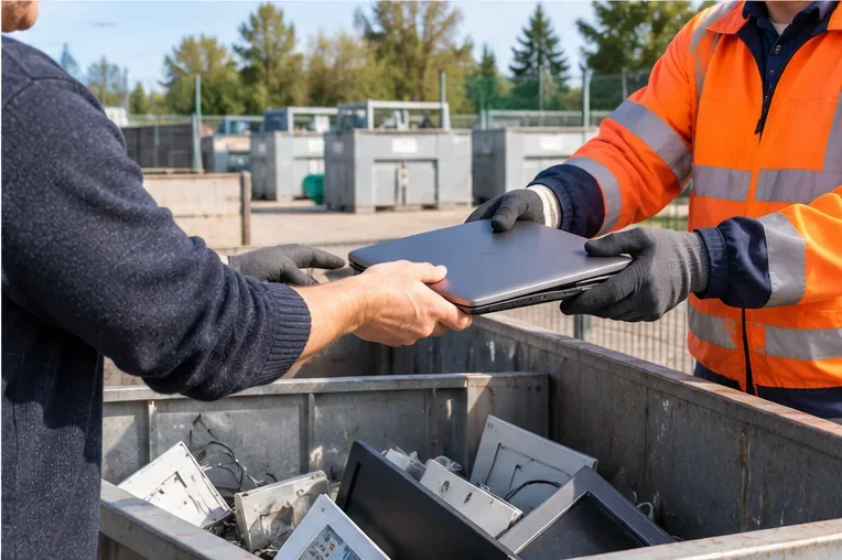 Particulier remettant un ordinateur portable à un agent en tenue haute visibilité dans une déchèterie