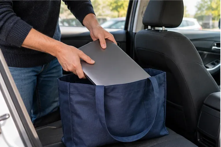 Ordinateur portable placé dans un sac solide sur le siège d’une voiture avant un trajet vers une déchèterie