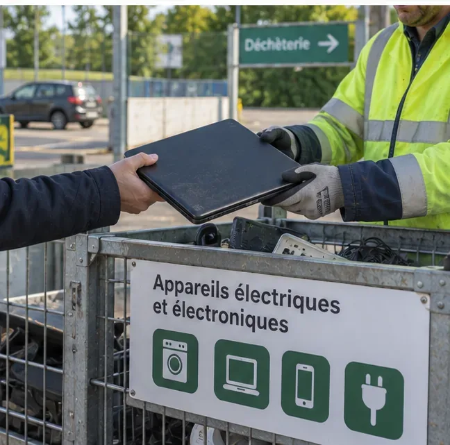 Ordinateur portable remis à un agent dans une zone de collecte des appareils électriques et électroniques