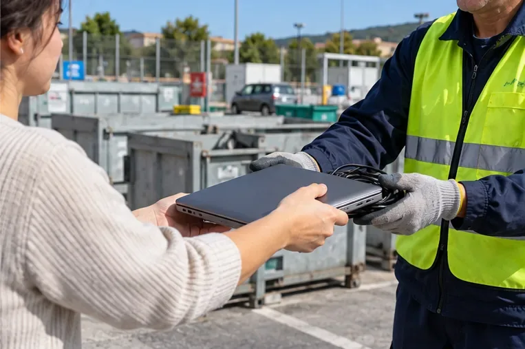 Une personne remet un ordinateur portable et son câble à un agent équipé de gants dans un espace de collecte de déchets électroniques