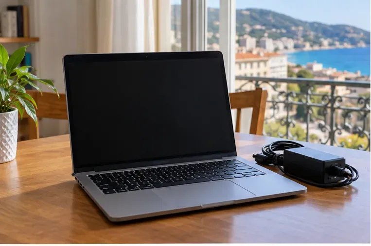 Un ancien ordinateur portable avec son chargeur posé sur une table en bois, prêt à être trié avant don ou recyclage à Nice