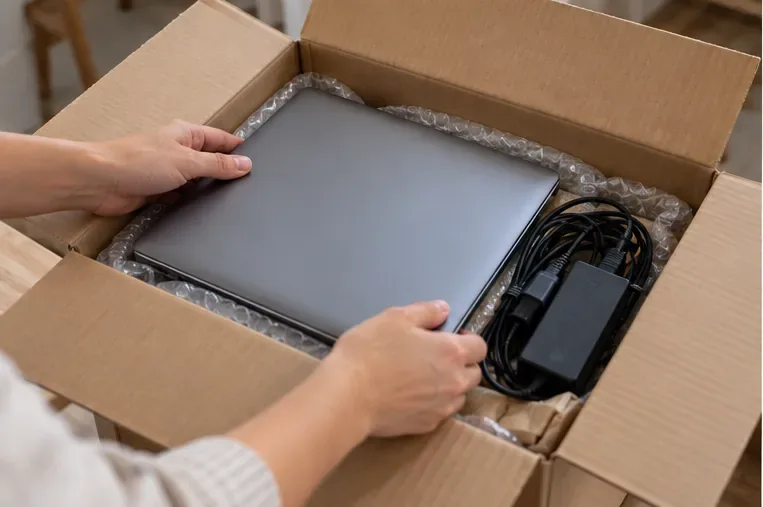Un ordinateur portable éteint et son chargeur rangés dans une boîte avec une protection souple pour le transport