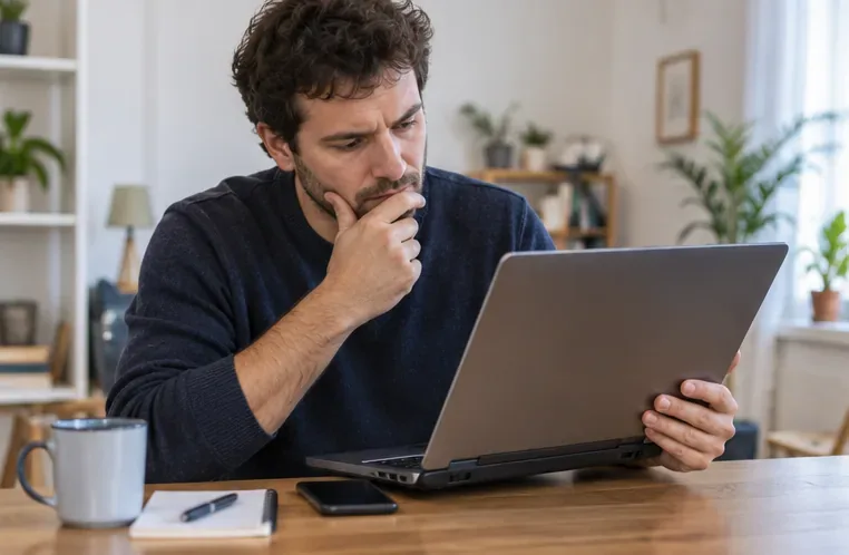 Un homme examine attentivement un ancien ordinateur portable ouvert sur une table avant de décider s’il peut être réparé ou réemployé.