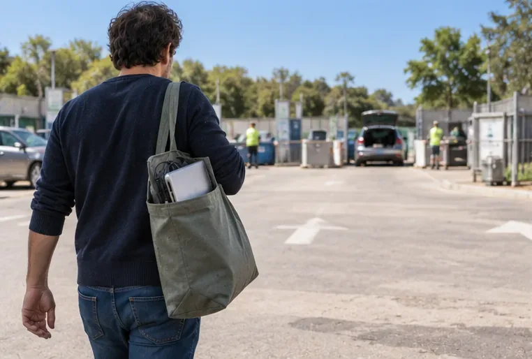 Un homme marche vers une déchèterie avec un ancien ordinateur portable et des câbles rangés dans un sac réutilisable.