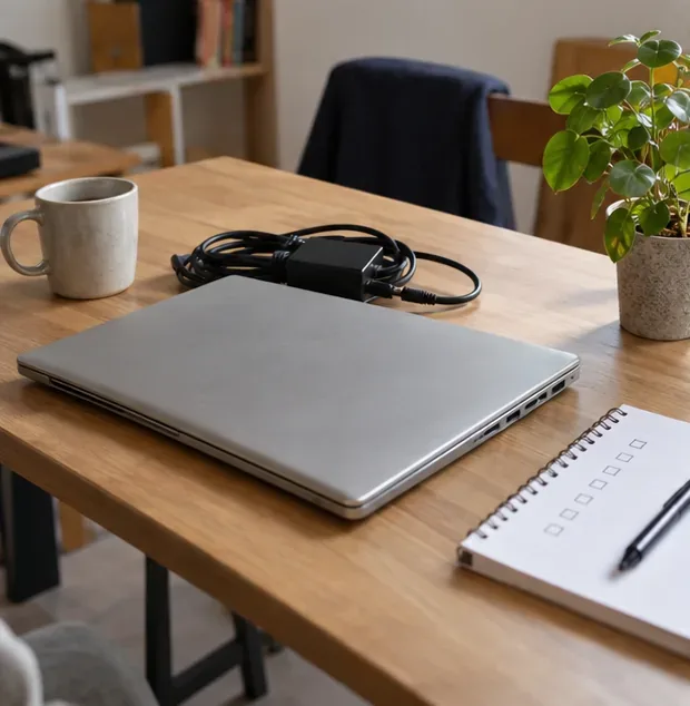 Un ordinateur portable fermé, son chargeur et une liste de contrôle posés sur une table