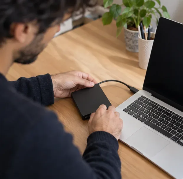Un homme relie un ordinateur portable à un petit disque externe sur une table