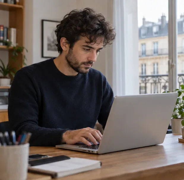 Un habitant examine un ancien ordinateur portable sur une table près d’une fenêtre parisienne