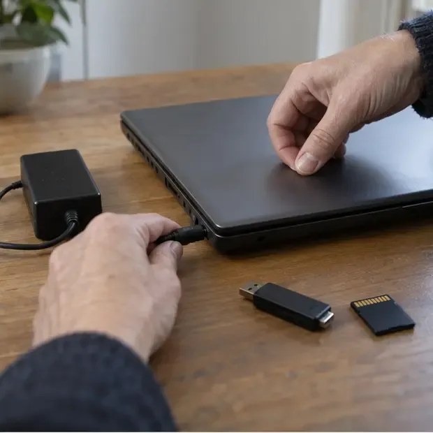Mains débranchant le chargeur d’un ordinateur portable fermé tandis qu’une clé USB et une carte mémoire sont posées à côté