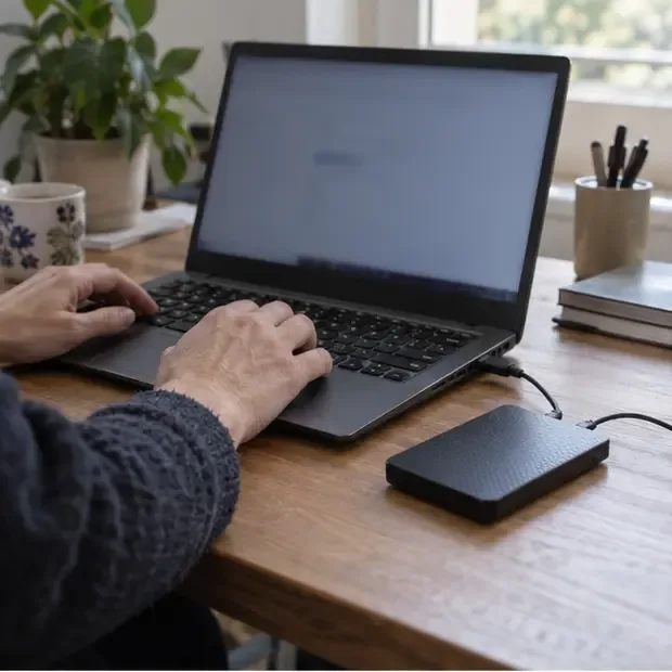 Ordinateur portable ouvert sur un bureau avec un disque externe à côté, pendant la préparation d’une sauvegarde