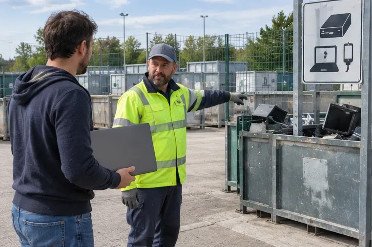 Un usager tient un ordinateur portable devant un agent qui l’oriente vers la zone dédiée aux équipements électroniques d’une déchèterie