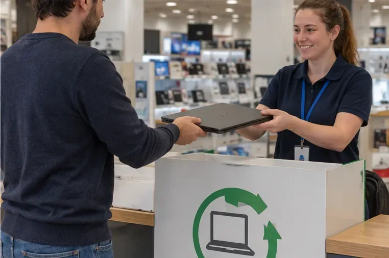 Un client remet un ancien ordinateur portable à une employée dans un espace de reprise de matériel électronique