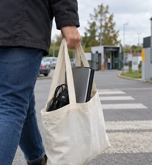 Un ordinateur portable fermé et son chargeur sont transportés dans un sac réutilisable vers un centre de dépôt.