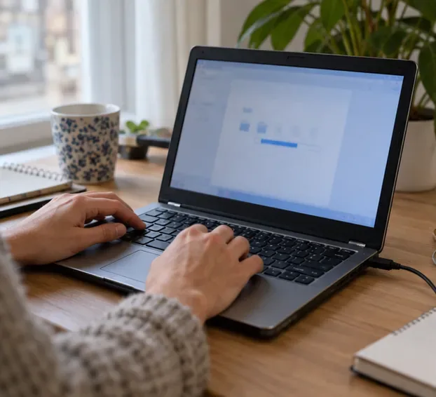 Une personne sauvegarde des fichiers personnels sur un ordinateur portable posé sur un bureau.