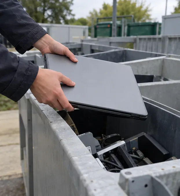 Une personne remet un ordinateur portable fermé dans une zone de collecte réservée aux équipements électroniques.