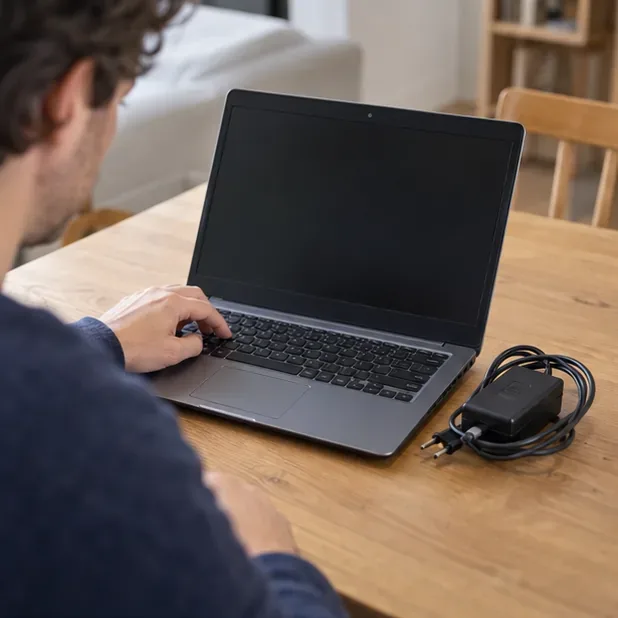 Une personne examine un ordinateur portable sur une table, avec son chargeur posé à côté, avant de décider de le donner, le réparer ou le recycler.