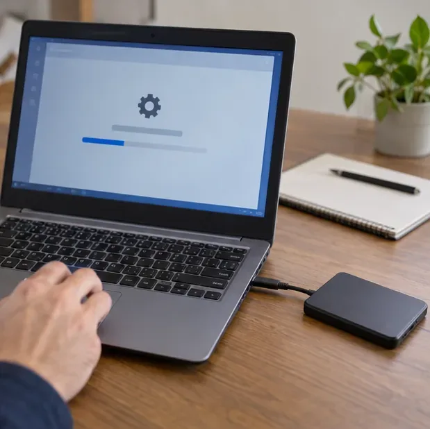 Un ordinateur portable affiche un écran de réinitialisation pendant qu’un disque externe est connecté pour la sauvegarde des fichiers.