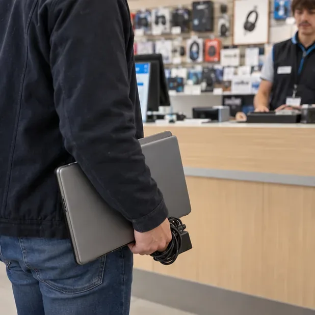 Une personne tient un ancien ordinateur portable et son chargeur devant le comptoir d’un magasin d’électronique pour une reprise.
