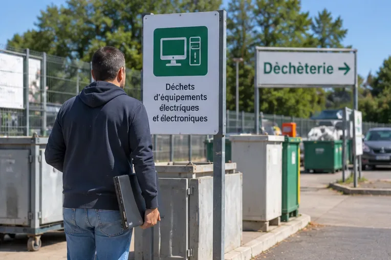 Une personne arrive avec un ordinateur portable dans une déchèterie devant un panneau indiquant les déchets d’équipements électriques et électroniques