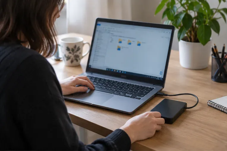 Une personne sauvegarde les fichiers d’un ordinateur portable sur un disque externe posé à côté du clavier